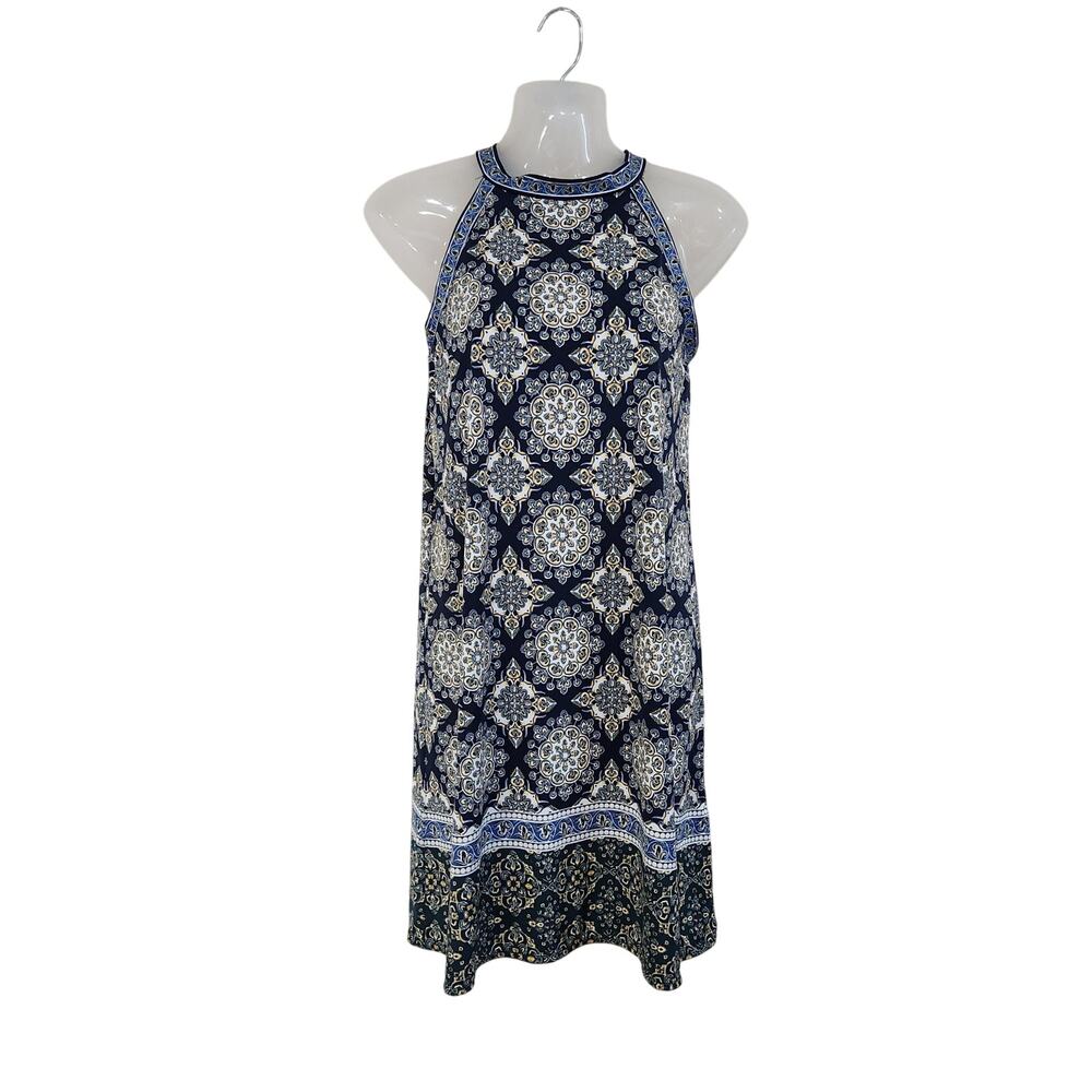 Max Studio Medallion Sleeveless Sheath Dress Racerback Blue White Size Small